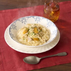 まいたけ香る！鶏肉とかぼちゃのチーズたっぷりリゾット